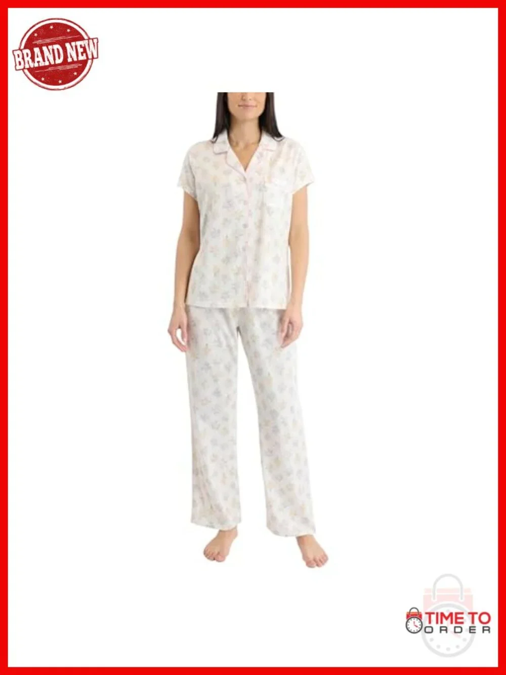 Women's Cotton Blend Notch Collar Button Down Pajama Set 2 Piece